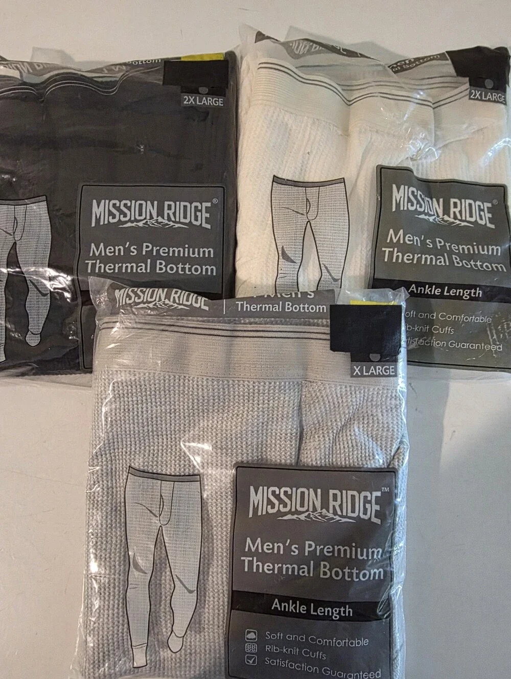 Lot Of 3 Mission Ridge Men's Premium Thermal Bottoms - White, Gray, Black.